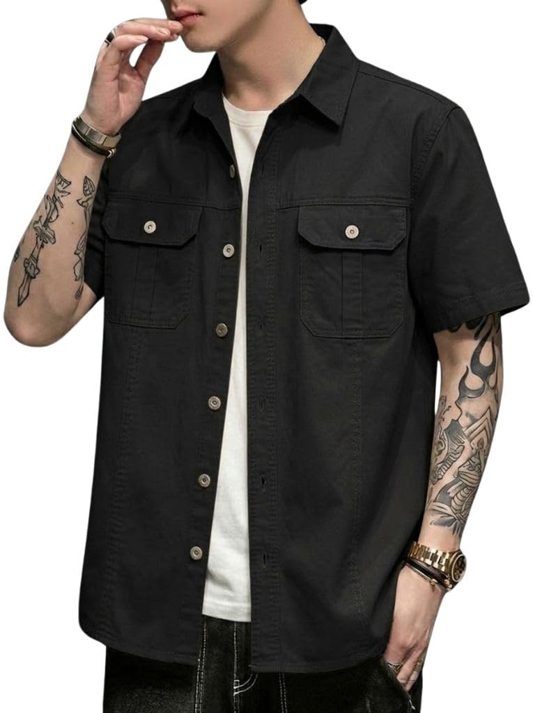 SMOWKLY Camisa casual de algodón liso para hombre con corte regular || media manga, botones, doble bolsillo frontal || Denim Shacket Style Fashion Western Outfit || Camisas de hombro para hombre