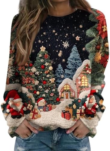 Generico Women Christmas Jumper Long Sleeve Round Neck Hooded Swe...
