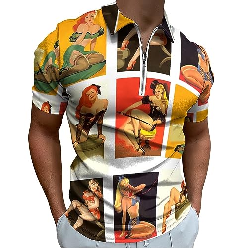 Pinup Girls Men's Polo Shirts Slim Fit Short Sleeve Zippered Shirts Casual T Shirt Tee Top XL