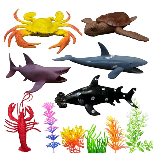 Image of ZESTHOME Aquatic Sea Animals & Fish Toys for Kids | Big Rubber Ocean Creatures Playset - Crab, Turtle, Whale, Shark, Lobster & Dolphin with Sea Grasses - BPA-Free, Non-Toxic | 6 piece