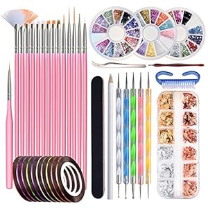 Penseel voor gelnagels, 50 stuks gelnagelaccessoires bevat 15 stuks nail art kwasten, 12 potjes foliestickers, 10…