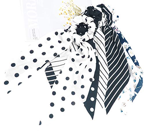 Funlovin Black White Scarf Scrunchie Hair Ribbon Ties With Tails Chiffon Elegant Classic Long Ponytail Scrunchies Scarves Stripped Dot Floral Bandana Scrunchy Accessories For Women Lady (6Pcs) #TOP5