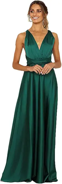 Green Satin Evening Dress: Multiway Wrap Maxi Prom Gown