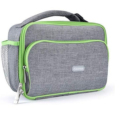 Amersun Kids Lunch Bag,Durable Insulated School Lunch Bag with Padded Liner Keeps Food Warm Cold Longer Time,Water-resistant Thermal Travel Lunch Cooler for Boys Girls-2 Pockets,Gray,Patent Design Cover
