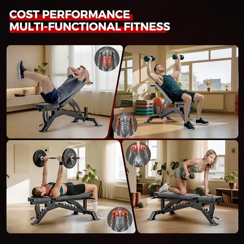 Image of Weight Bench, Adjustable Workout Bench for Home Gym Full Body Workout, 1300LBS Weight Capacity Bench Press, Flat /Incline Bench with 33 inch Extra-Long Backrest & Wheels
