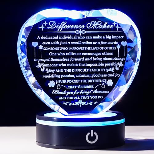 YWHL Difference Maker Plaque Gift with Colorful LED Base Thank You Appreciation Gifts for Coworker Boss Teachers Employee Mentor Leader Crystal Motivational Difference Maker Plaque Gifts for Women Men