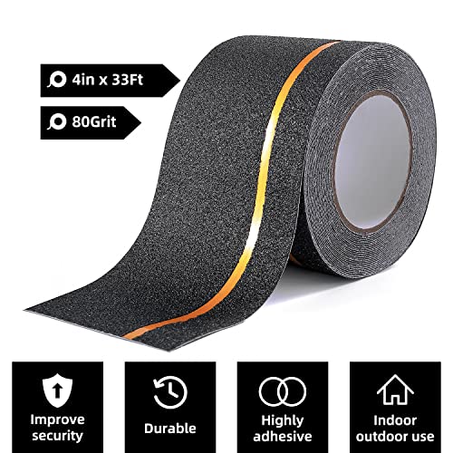 Image of Reniteco Reflective Anti Slip Tape - 4 inch x 33Ft, Black Heavy Duty Grip Tape - High Adhesion & Waterproof, No Residue Removal for Outdoor Stairs, Tile, Shower, Bathtub - Extra Grip Safety Tape