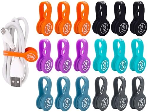 SUNFICON 18 Pack Magnetic Cable Clips Cable Organizers Earbuds Cords Winder Bookmark Clips Whiteboard Noticeboard Fridge Magnets USB Cable Manager Keeper Wrap Ties Straps