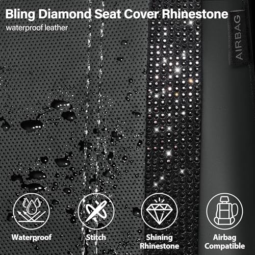 Image of CAR PASS Leather Bling Diamond Car Seat Covers Full Set, Shining Rhinestone Waterproof Durable Rear with Zipper, Universal Fit Automotive Glitter Crystal Sparkle Strip for Cute Women Girly Black