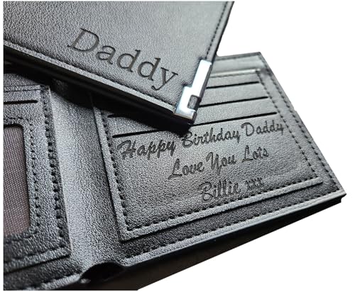 PerGift UK Personalised Engraved Mens Real Custom Slim Black Wallet Dad Father Grandad Gift Present Leather - Gift Box Optional