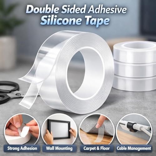 Image of Multipurpose Double Sided Nano Tape Heavy Duty 3 Meter - Washable Reusable Adhesive Silicone Gel Grip Tape Heat Resistant Anti Slip for Wall Mounting, Home, Kitchen and Office Use