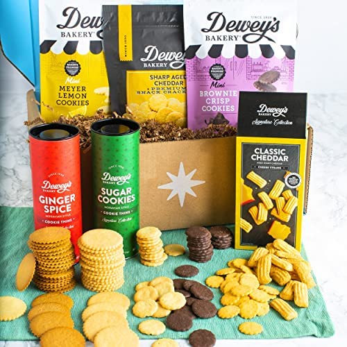 Snacks Gift Basket by Dewey's Bakery | 6-Piece | Moravian Style Cookie Thins, Cheese Straws, Cheddar Crackers | North Carolina Bakery Food Gifts for Birthdays, Graduation and Snacks Gift Basket