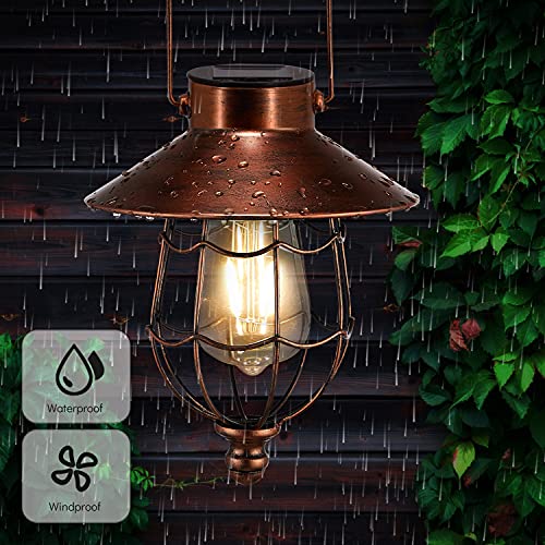 Solar Lanterns Outdoor Hanging Metal Vintage Lantern Warm White Solar Lights Lamp Waterproof Edison Bulb Design For Pathway Garden Patio Yard Tree Decoration (Copper) #TOP1