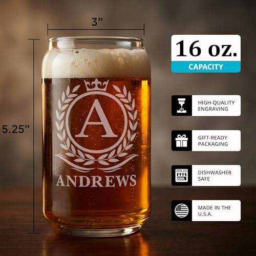 Image of Personalized Beer Glass for Men - 16 oz Custom Beer Glass (4 Designs) - Engraved Name & Initial Monogram Design - Custom Glass Cup - Gift Ready Box - Groomsmen, Father's Day, Birthday Gift
