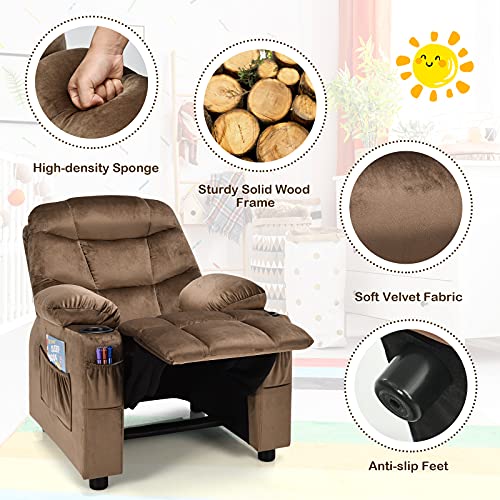 Image of Kids Recliner, Velvet Fabric Kids Recliner Chair w / 2 Cup Holders