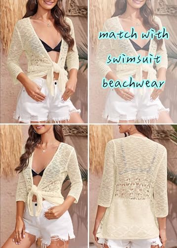 Image of Nulibenna Womens Sheer Shrug Sweaters 3 /4 Sleeve Open Front Tie Cardigan Bolero Jacket Lightweight Crochet Knit Cover Up Tops