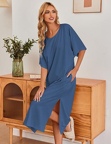 Image of Ekouaer Women's Nightgown Short Sleeve Sleepshirt Long Loungewear Casual Maxi Lounge Dress House Dresses with Pockets