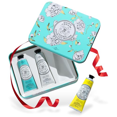 La Chatelaine Hand Cream Trio Tin Gift Set Natural Hand Lotion Made in France with 20% Organic Shea Butter Moisturizing (Gardenia White Grapefruit Citrus Fizz) 3 x 1 fl.