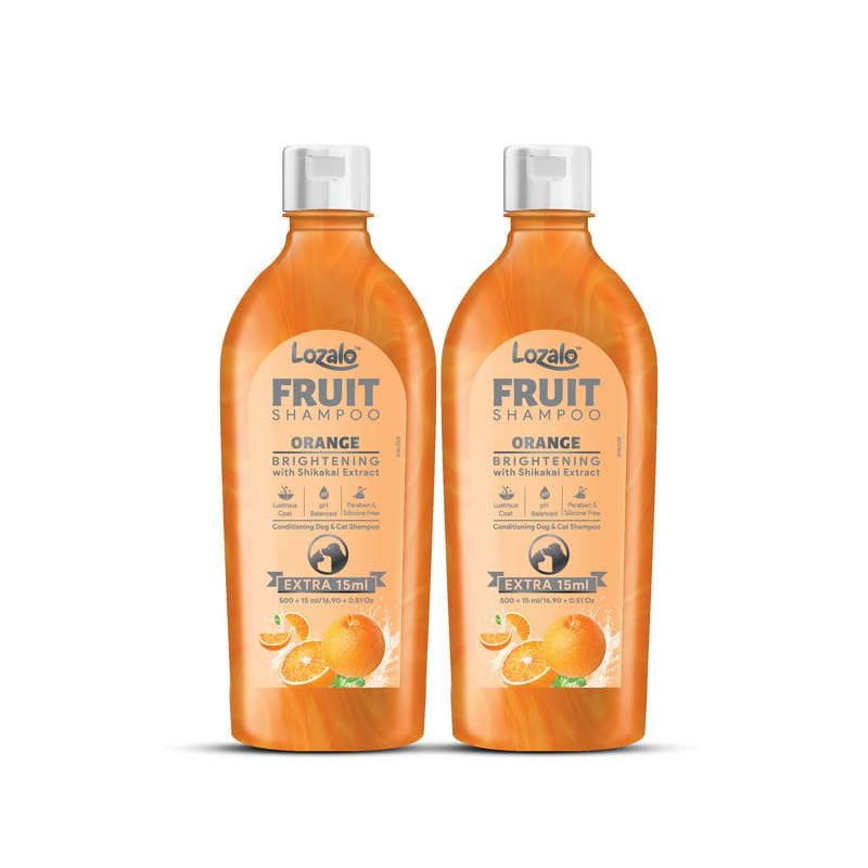 Image of Lozalo Fruit Pet Shampoo 1 Litre, Combo Pack of 2x500 ml, Orange, pH Balanced, Paraben Free Conditioning Shampoo for Dogs & Cats of All Breeds, Brightening with Shikakai Extract