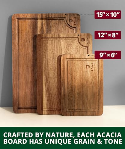 ROYAL CRAFT WOOD Acacia Wood Cutting Boards Set of 3 β Premium Wooden Cutting Boards for Kitchen Meal Prep & Serving - Charcuterie & Chopping Butcher Block for Meat with Deep Juice Groove Side Handles - Image 5