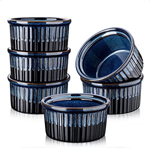 vancasso Series Glimmer 3.9in Blue Porcelain Ramekins, 210 ml Baking Cups for Souffle, Creme Brulee, Custards, Pudding, Jams, Sauce and Dips - Durable Pack of 6