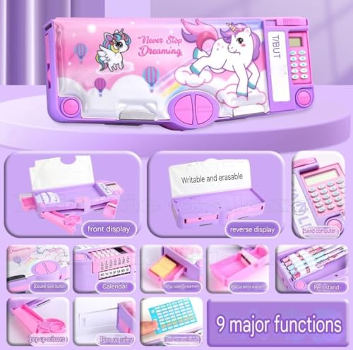 Image of Sanghariyat Plastic Unicorn Magnetic Multifunctional, Cute Cartoon Compass for Girls, Buttons Operated Geometry Pencil Box Kids Include Calculator-Scissor-Ruler-Eraser-Sharpener