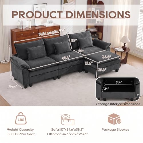 Image of IPKIG 117 inch Modular Cloud Couch with Storage, L Shaped Sectional Sofa with Ottoman & Pillow, Velvet Deep Seat Sectional Couches for Living Room, Apartment, Dark Grey