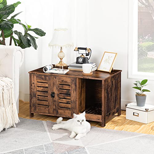 Hoobro Litter Box Enclosure, Cat Washroom, Double Door Cat House, Hidden Litter Box Furniture, Splash-Proof Litter Control Board, Large Size, Side Table, Coffee Bedside Table, Rustic Brown Fg80Mw01 #TOP1