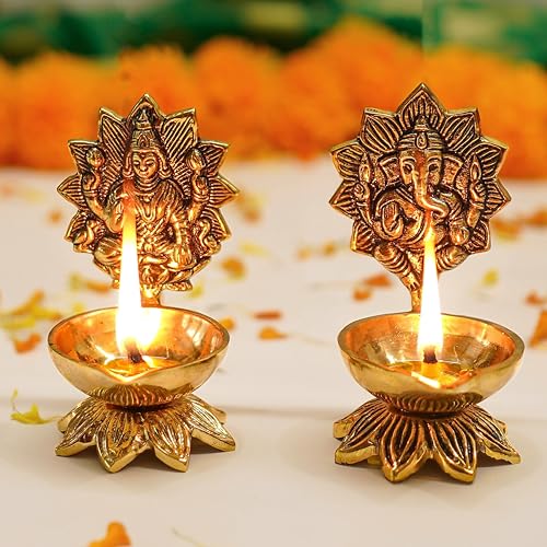 Image of Behoma 100% Pure Brass Lakshmi Ganesh Diya for Puja | Laxmi Ganesh Samridhi Deepak for Pooja Room, Tample, Mandir, Office, Deep for Home Decoration
