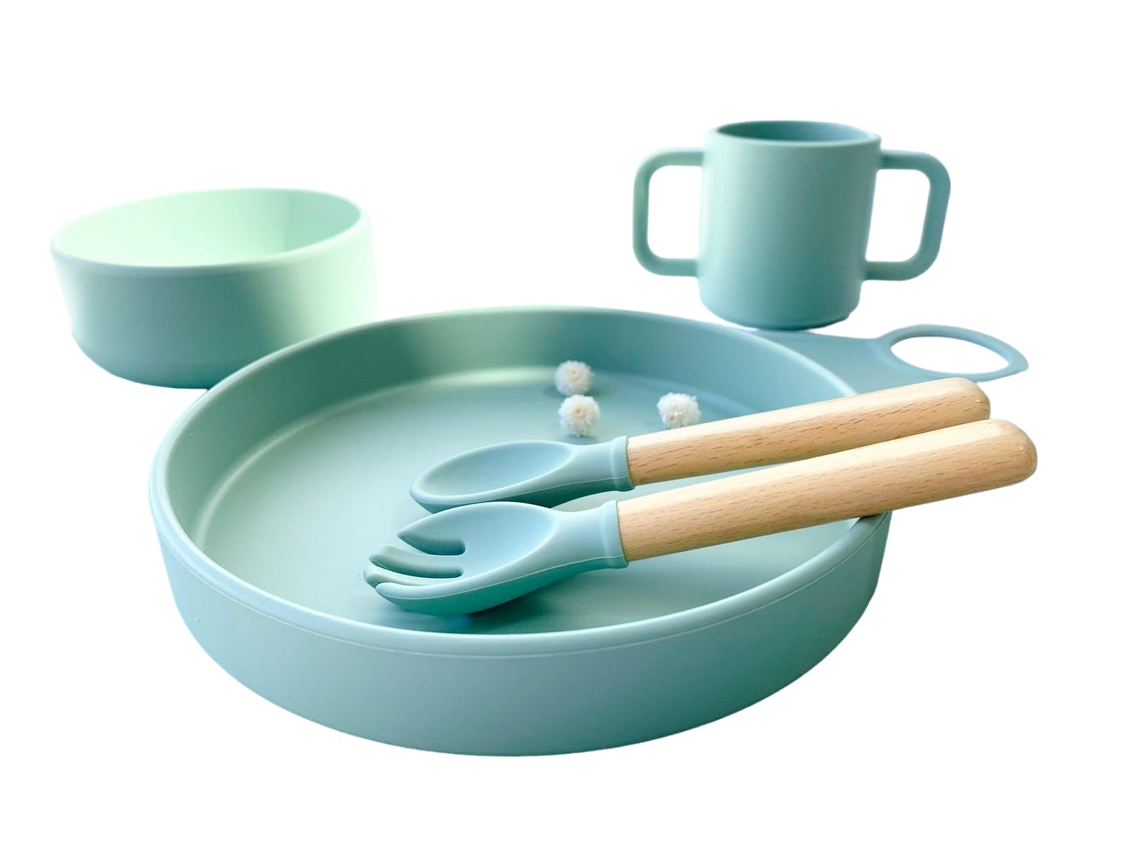 Set repas pour enfant et bébé bleu ciel - Idéal comme cadeau de naissance anniversaire ou bapteme - Cadeau original pour bébé - 5 pièces avec verre, bol, assiette avec couverts et set de table