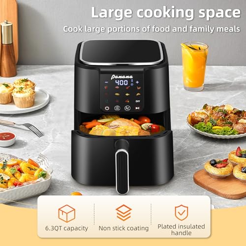 Image of Panana Air Fryer, 6.3QT Large Capacity Air Fryer, Oilless Healty Cooker Airfryer Oven with 12 Presets, 1500W Air Fryers for Quick Meal, Home Use (Black)