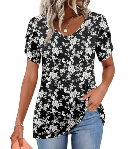 Image of CATHY 2026 Women Tops Summer Short Sleeve Tunic V Neck T-Shirts Loose Casual Floral Blouse S-4XL