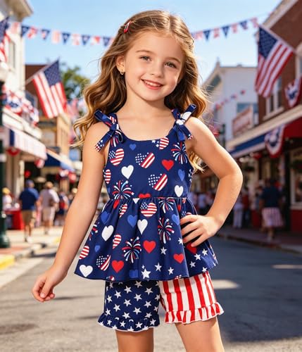 Image of Toddler Girls Clothes Summer Short Set Outfit Tie Knot Shoulder Sleeveless Ruffle Tops and Shorts 2PC Clothing Set