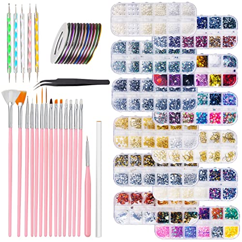 12Boxes Nail Art Rhinestones, Nail Decoration Kits with Nail Art Brushes, Nail Dotting Pen and Wax Pen, Nail Gems Nail Studs Nail Foil Flakes, Nail Striping Tapes and Tweezers for Nail Art Supplies