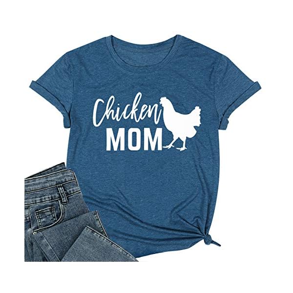 Chicken Mom T-Shirt Women Funny Hen Chiken Farm Humor Graphic Shirt Cute Short Sleeve Tops (Blue, Large)