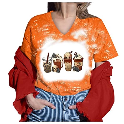 Women Off Shoulder Blouse Women Halloween Printed Shirt for Womens Casual Short Tie Dye Cotton Layering Tops for Women Orange