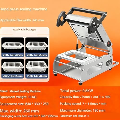 Commercial Stainless Steel Heat Sealer for Vegetables & Sandwiches, Manual Food Packaging Machine, 7-8 Seals/Minute, Perfect for Restaurants & Catering Services