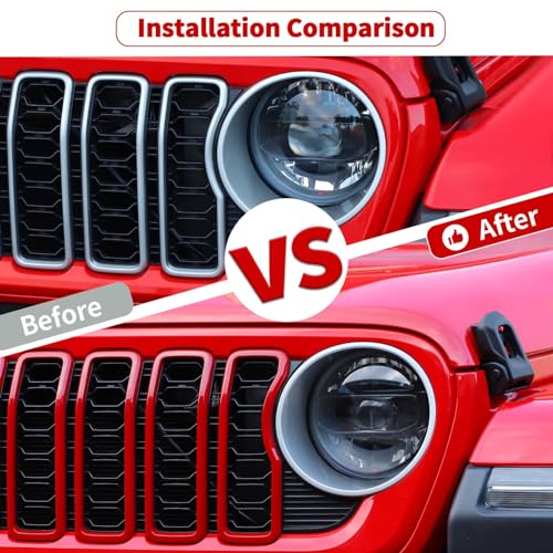 Image of JeCar Front Grille Inserts Grill Frame Trim Covers Exterior Accessories Compatible with Jeep Wrangler 2024 JL JLU & Gladiator JT 2024, Red