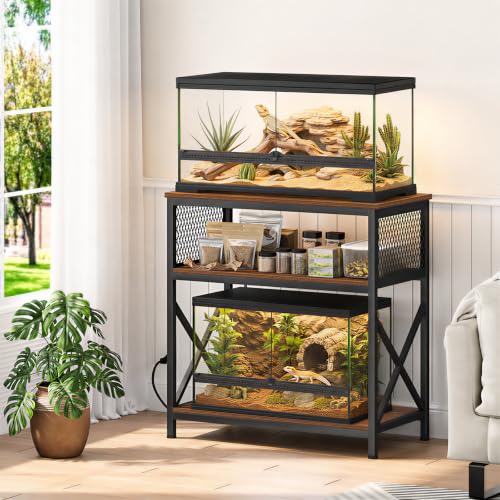 Image of Snughome Reptile Tank Stand with Charging Station, 31 inch x 15 inch Terrarium Stand with 3-Tier Open Storage Shelves, Reptile Enclosure Stand, Heavy Duty Vivarium Table for Gecko, Lizard, Bearded Dragon and Small Reptiles