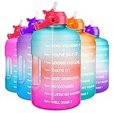 QuiFit 1 Gallon Water Bottle - with Straw & Motivational Time Marker Leak-Proof BPA Free Reusable Gym Sports Outdoor Large(128OZ) Capacity Water Jug(Green/Pink Gradient,1 Gallon)