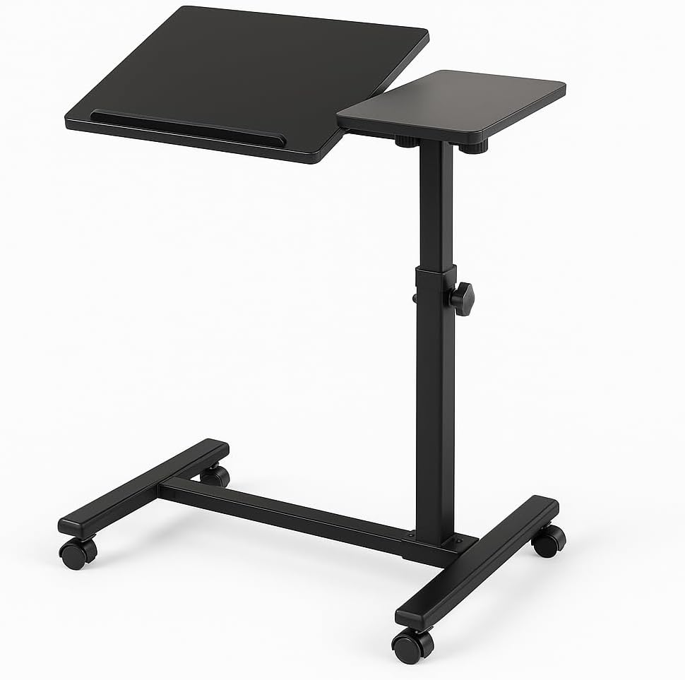 Adjustable Sit & Stand Desk – Rolling Laptop Desk with Lockable Wheels, Portable Standing Computer Table for Home Office, Small Space Workstation with MDF Top & Steel Frame, Modern Black