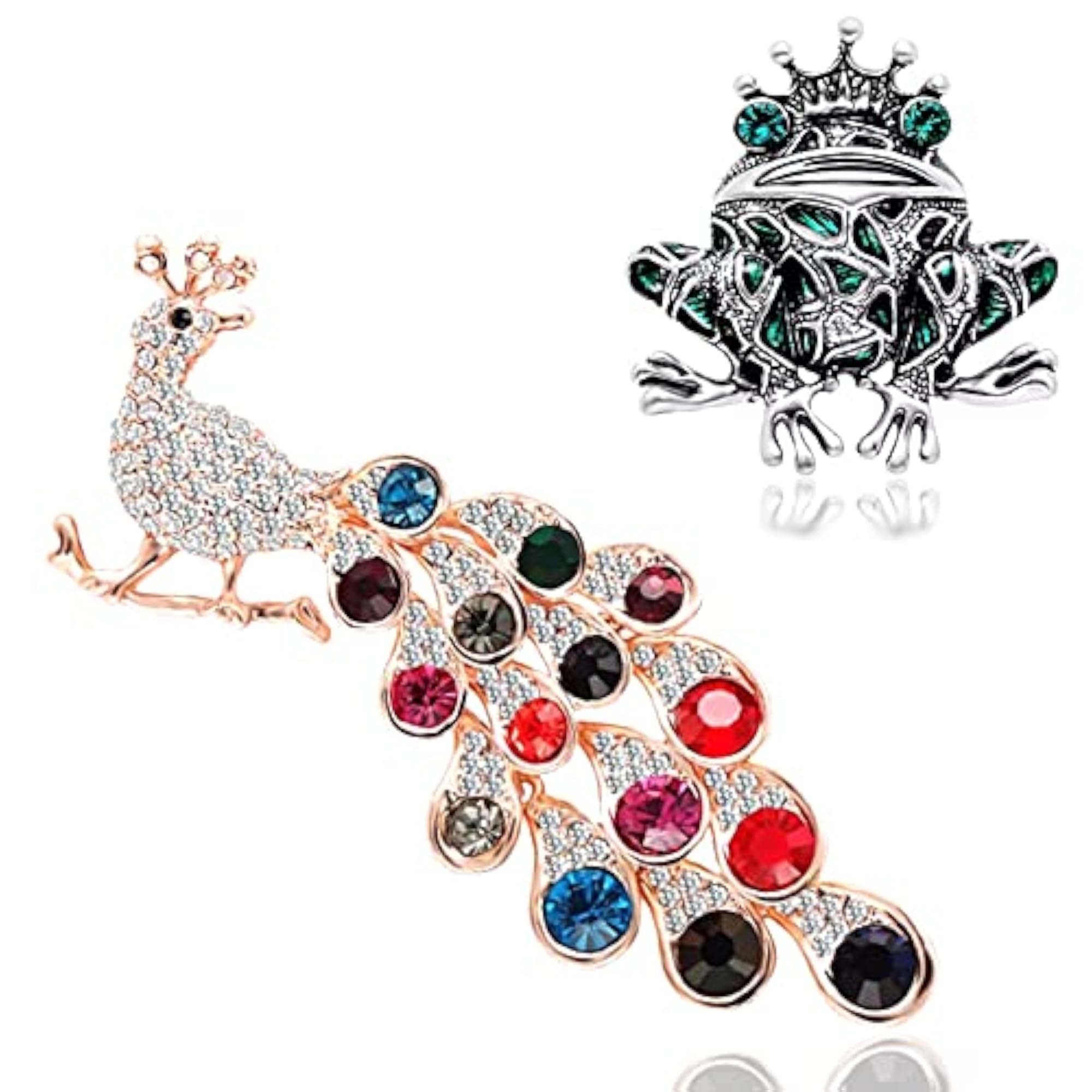 Rhinestone Crystal Studded Frog & Peacock Design Brooch Pin Combo