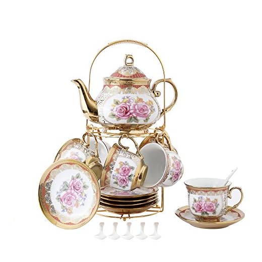 ufengke 13 Piece European Retro Titanium Ceramic Tea Set with Metal Holder, Porcelain Tea Cups Set, for Wedding, Red Rose Painting