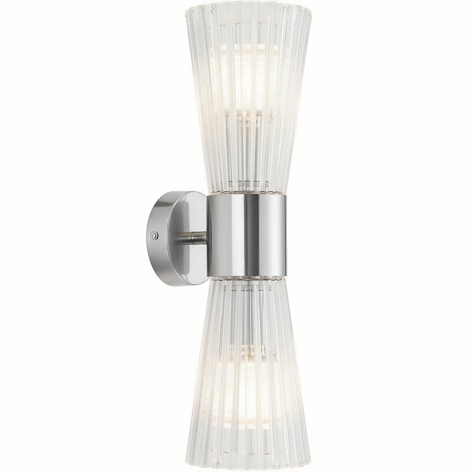 Aplique de Pared de Cristal 2 Luces E14 Doble Extremo Vidrio Acanalado Diseño Reloj de Arena Lámpara de Pared Moderna Acabado Plateado para Dormitorio Salón Pasillo Escalera Hotel (Plateado)