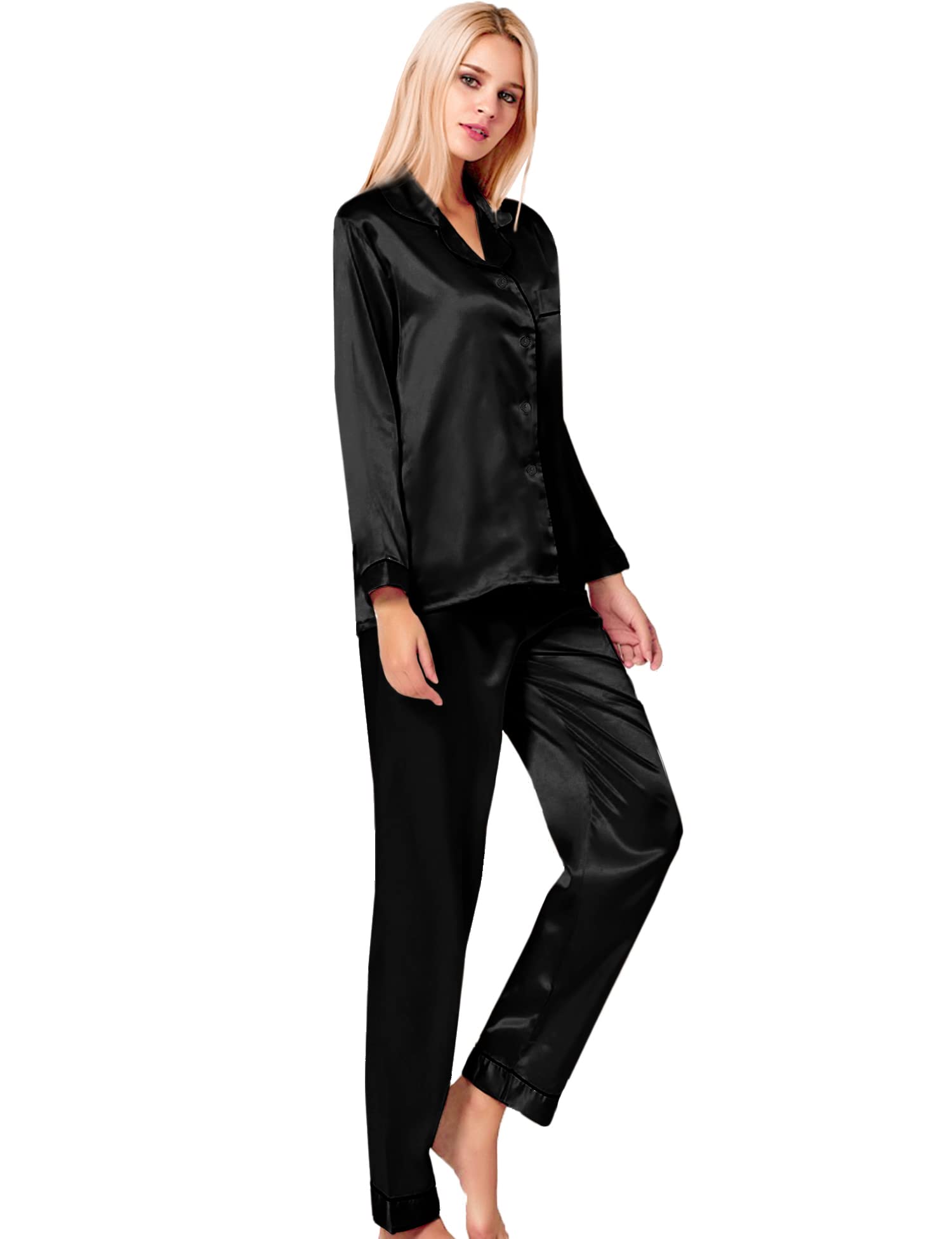 SWOMOG Womens Silk Satin Pajamas Set Long Sleeve Button Down Sleepwear 2 Piece Lounge Set Pj Set XS-3XL