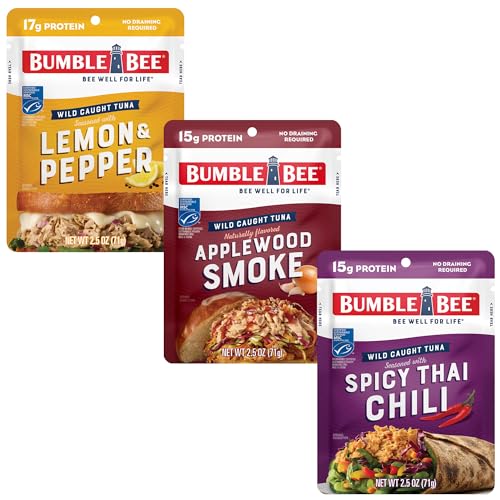Image of Bumble Bee Seasoned Tuna Pouch Bold Flavors Trio (3 Total Pouches) - Lemon & Pepper Tuna, Applewood Smoke Tuna, and Spicy Thai Chili Tuna - Ready to Eat 2.5 oz Packets
