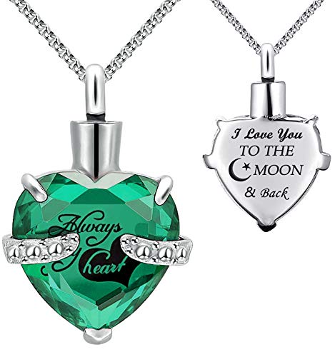Urn Necklaces for Ashes "Always in My Heart" Heart Cremation Jewelry Memorial Pendant Birthstone Necklace (August URN)