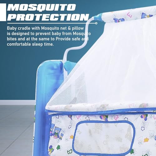 Image of PANDAORIGINALS Jumbo Baby Cradle|Soft Cushion Baby Jhula /Paalna Cute cot with Mosquito Net for 0-9 Months Boys and Girls Super Strong Soft Cushion and Swing Lock Function (Panda Blue)