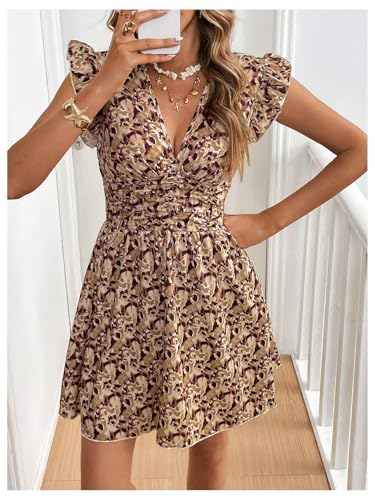 Image of Floerns Women's Printed V Neck Ruffle Cap Sleeve Dress Ruched A Line Mini Dresses