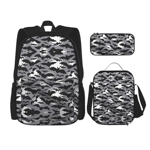 Halloween Bats Grey 3-Piece Set Backpack, Lunch Bag, And Pencil Case, Casual Cute Sets For Travel And College